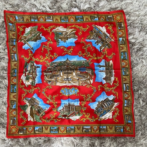 Vintage women red historical site pattern square head scarf. Used. - Picture 1 of 7